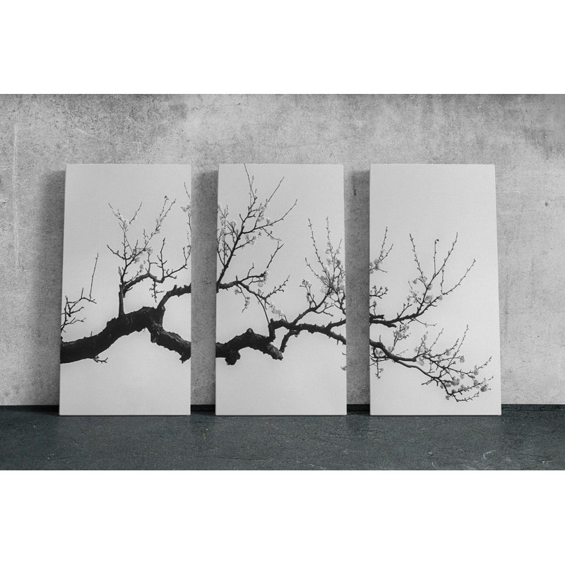 «Triptych Canvas Wall Art - Minimalist Tree Branch Triptych Wall Art Set», impression sur toile 3 pièces faite à la main aux États-Unis avec motif de fleur noire intemporelle