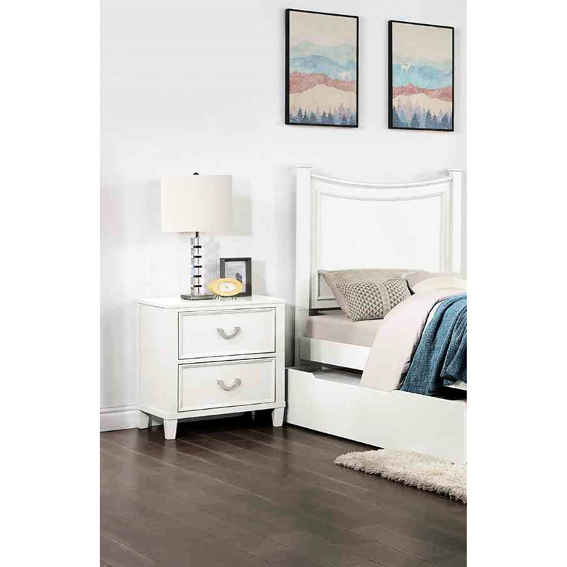 Table de chevet transitionnelle blanche avec 2 tiroirs, composition en bois massif, joints et poignées de suspension, l 19 po x P 16 po x H 21 1/2 po - Table de chevet à tiroir avec glissières à roulement