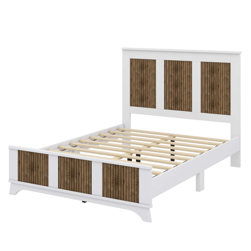 Lit plateforme Farmhouse avec décoration en bois et lattes en contreplaqué, Blanc, Full 