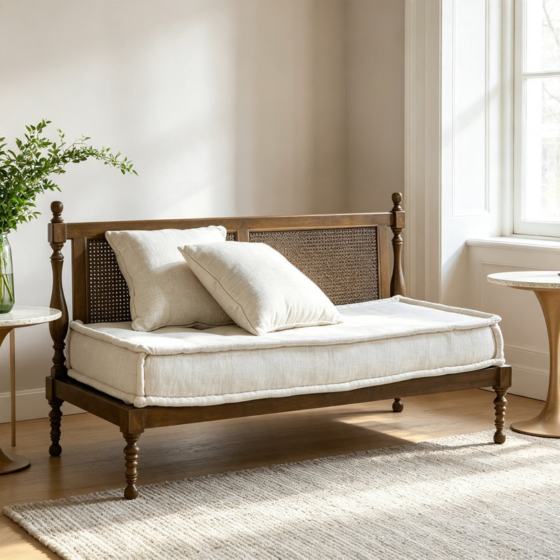 Simple Brown Upholstered Rattan Solid Wood Sofa
