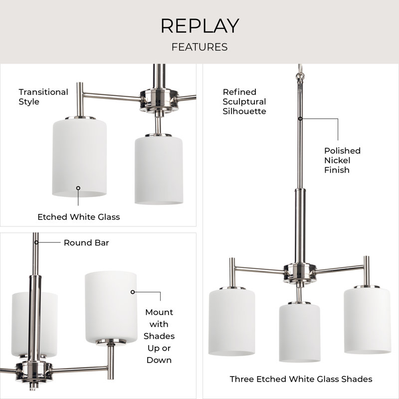 3 - Light Steel Dimmable Chandelier, Polished Nickel