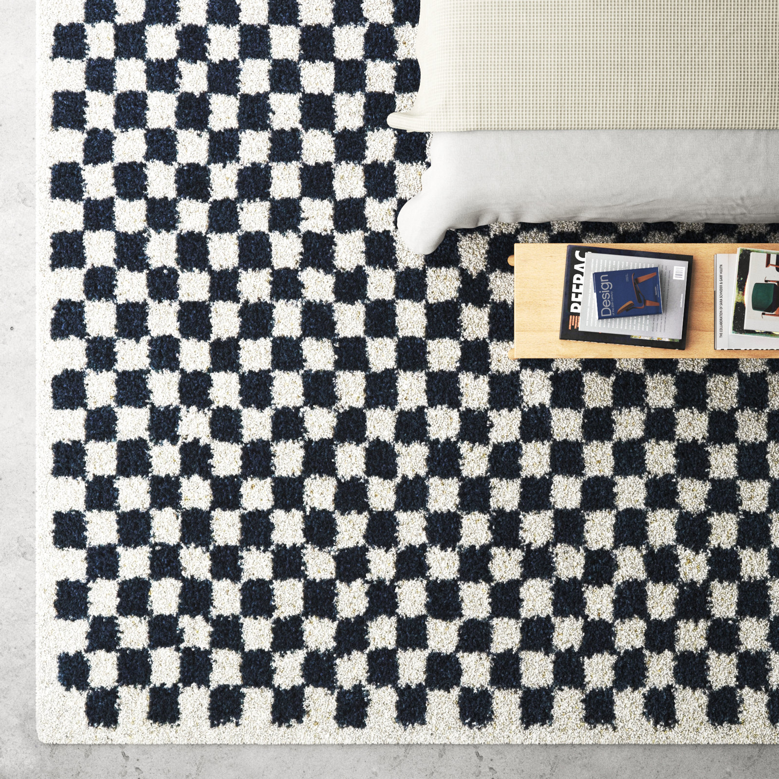Walker Navy Blue White Checkered Shag Rug, Rectangle 5'3" x 7'