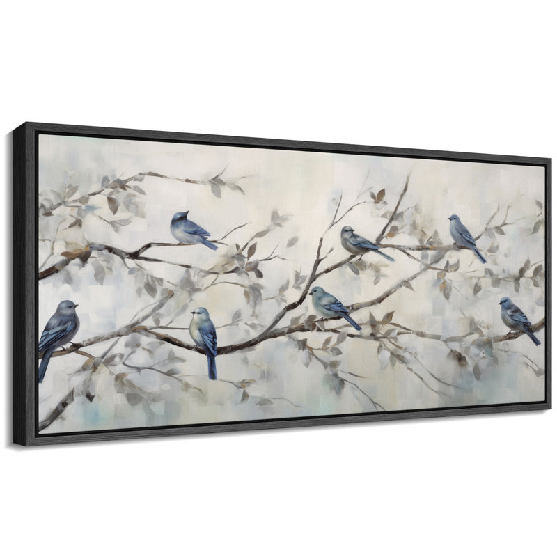 Oiseaux bleus sereins sur des branches d'animaux mignons, H 30 po x l 60 po, Noir, noir, noir, noir