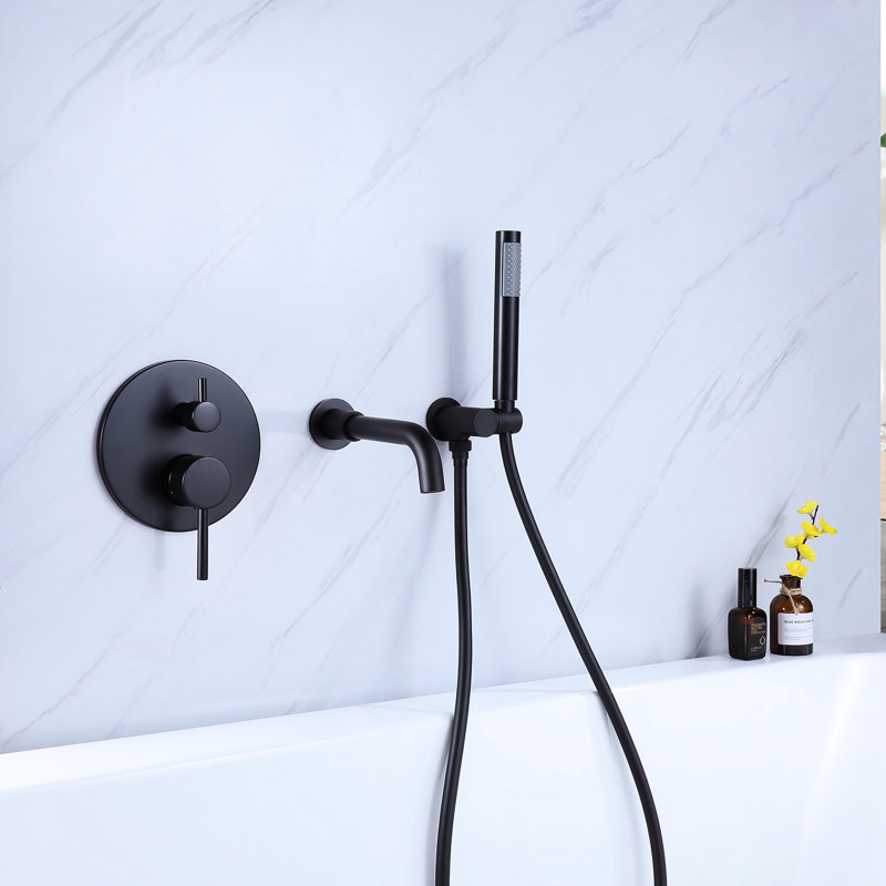 Robinet mural noir mat pour douche et baignoire avec 2 poignées - laiton, valve équilibrée, résistance à la rouille, douchette à main 59 ", GPM, nickel, vis de fixation incluses