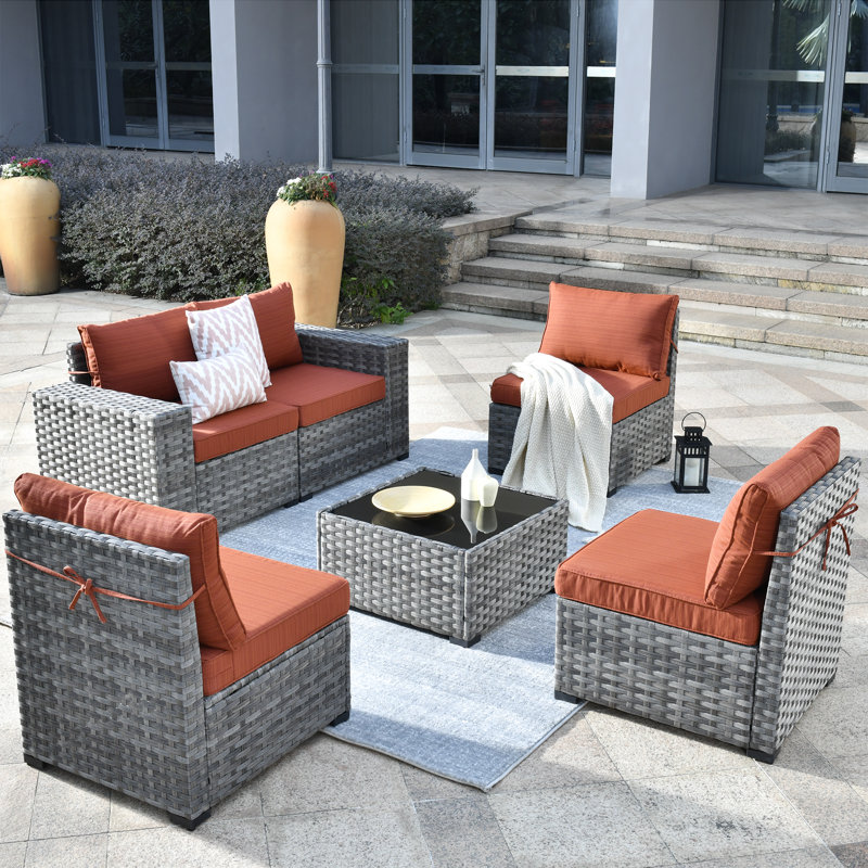 Dikembe 5 - Person Patio Conversation Set with Cushions, Orange Red
