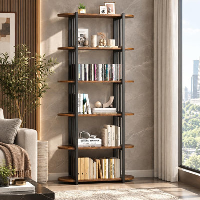 Bibliothèque vintage à 6 niveaux pour salon et bureau, brune