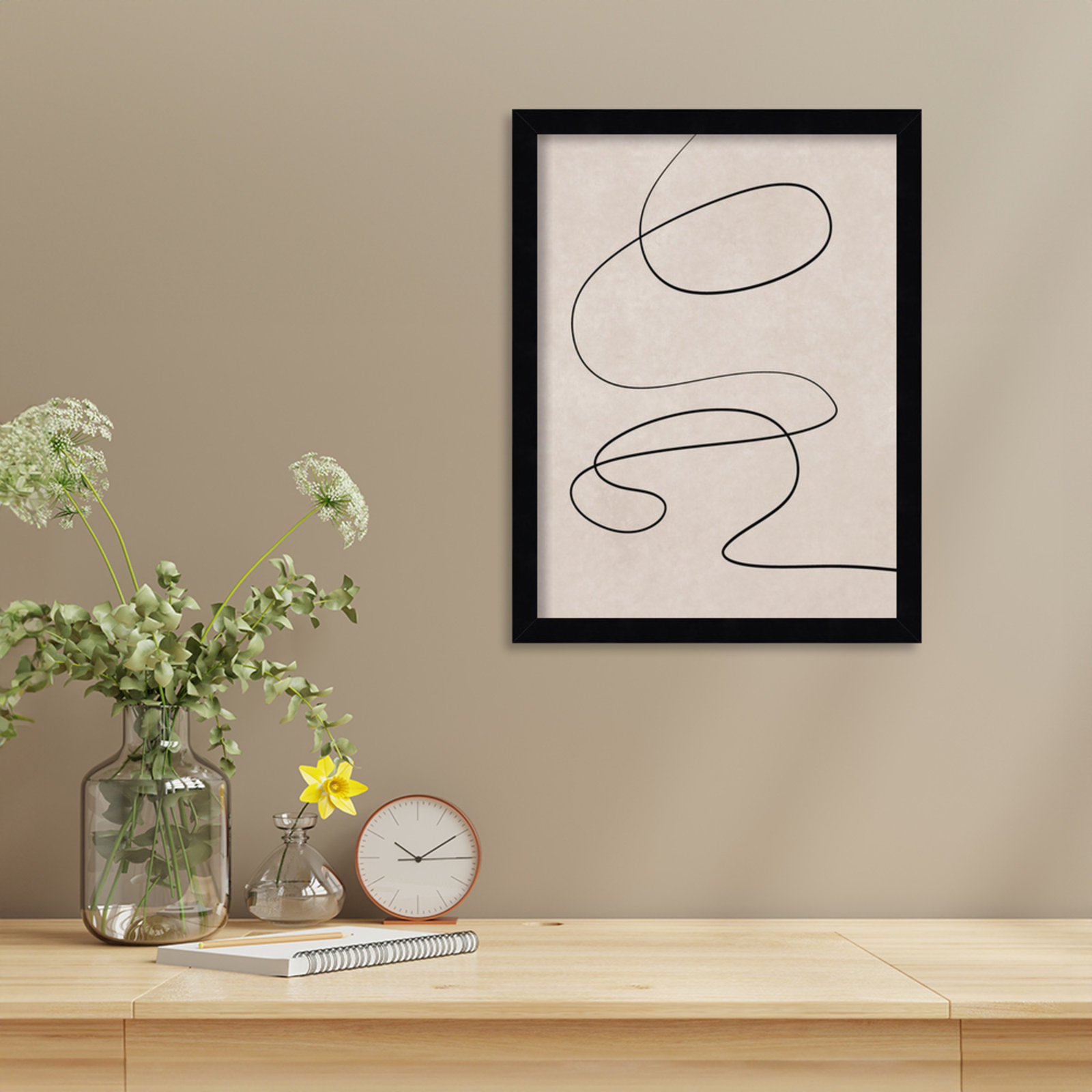 Black Line and Textured Beige Print, Black, 17" H x 13" W