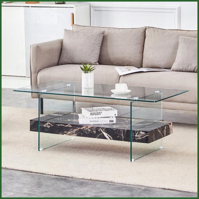 Table basse moderne 43,3 pouces à deux niveaux - verre transparent et amp; Marbre noir, peu encombrant pour les salons, assemblage facile