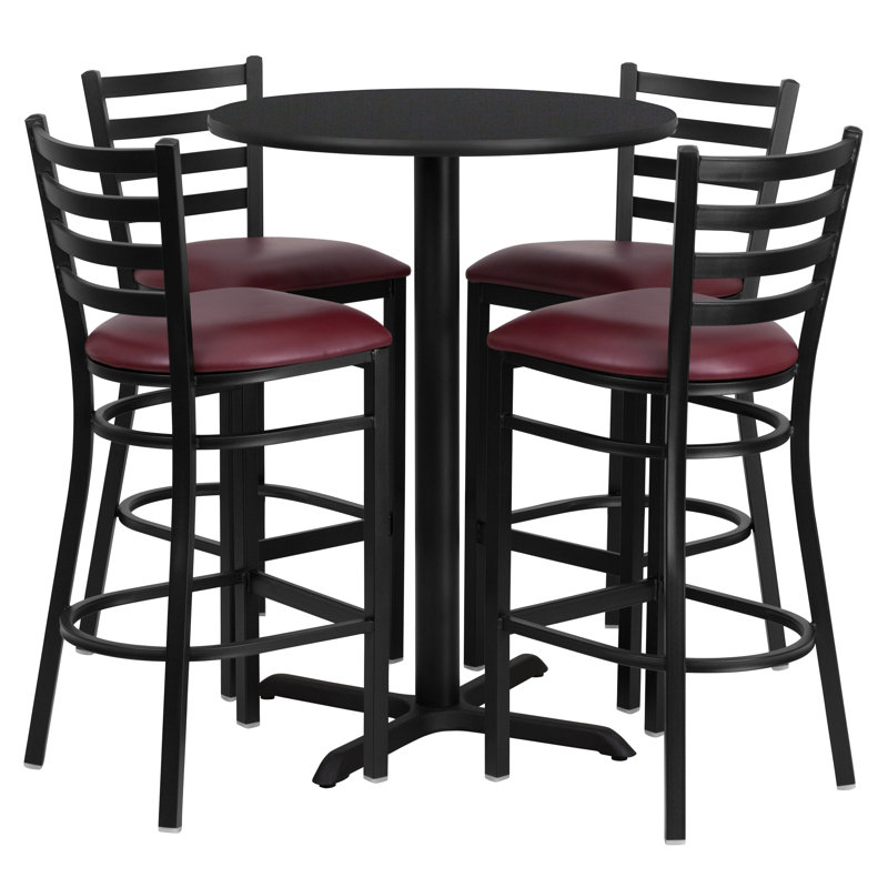 Black Round Laminate Pub Table Set with 4 Burgundy Vinyl Bar Stools