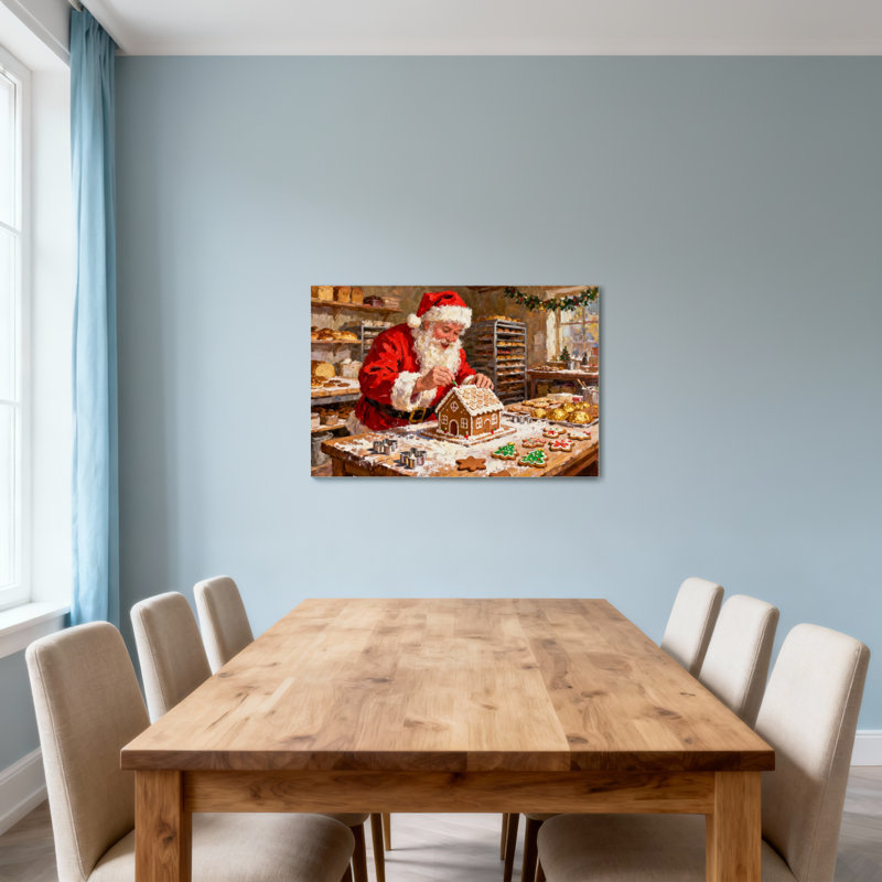 Noël, père Noël, fabrication de pain d'épices dans une boulangerie, H 16 po x l 24 po