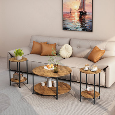 Ensemble de 3 tables basses et tables de bout pour le salon, ensemble de 3 tables basses et tables de bout rondes avec grand rangement, mobilier de maison de campagne moderne pour appartement (brun rustique)
