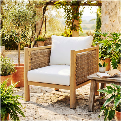 Outdoor Acacia Wood Patio Chairs with Light Brown PE Wicker and Beige Cushions, Perfect for Comfortable and Stylish Seating