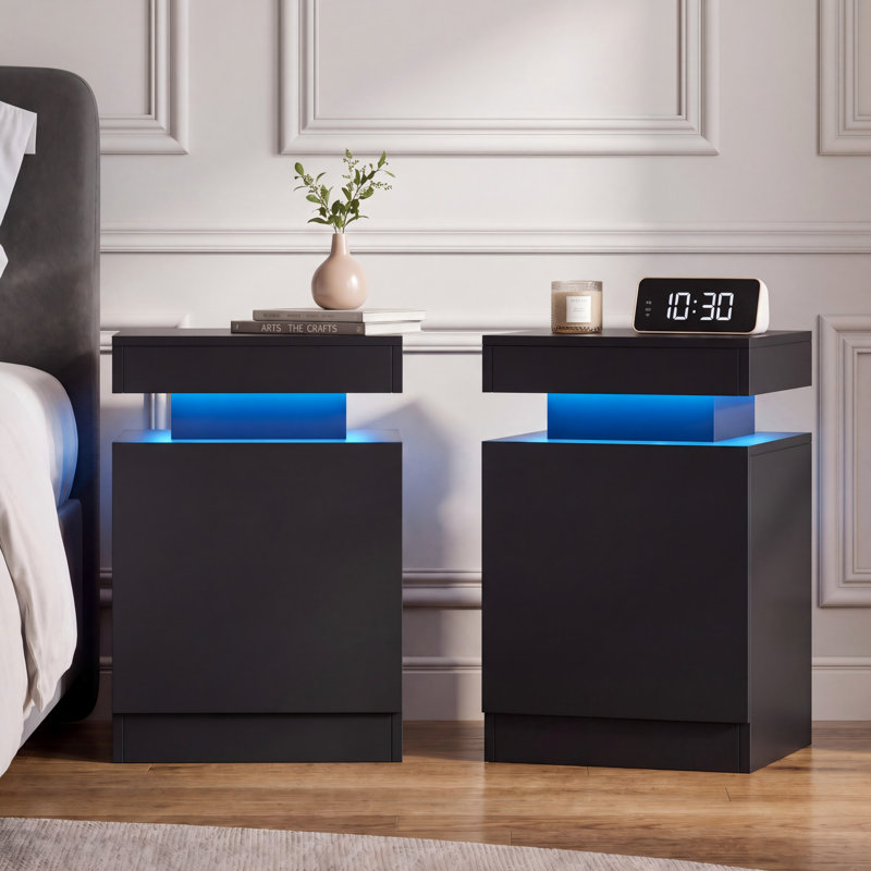 Nightstands with LED Light (Set of 2), Modern Side Table for Bedroom, Living Room, Black