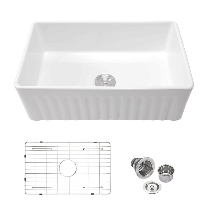 White Kitchen Sink - 33 Inch White Porcelain Ceramic Single Bowl Reversible Design Kitchen Sink