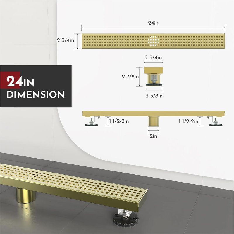 24-inch Linear Shower Drain, Square Hole Pattern Grate, Brushed Gold