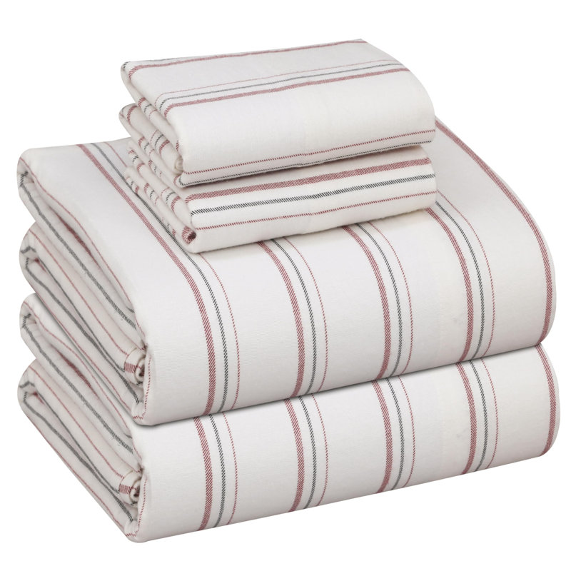 100% Cotton Flannel Sheet Set 4 Piece Warm Cozy Fall Sheets 16 inch Deep Pocket Bed Sheets, Twill Striped