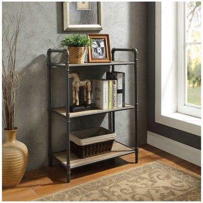 3 Tier Bookshelf With Metal Steel Tube, Antique Oak And Sandy Gray