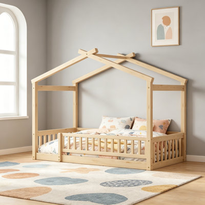 Structure de lit simple en bois avec clôture, parfaite pour les enfants et les adolescents, finition naturelle