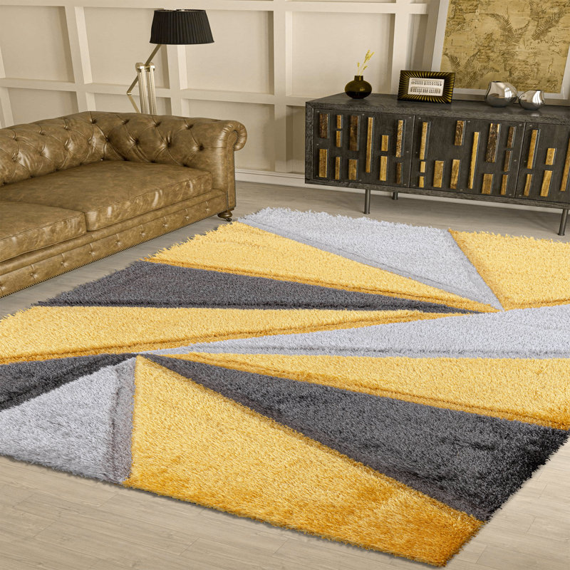 Shaggy Geometric Rug – 100% Polyester Soft Pile Carpet, Colourfast, Water & Soil Repellent, Anti-Static Modern Living Room Rug