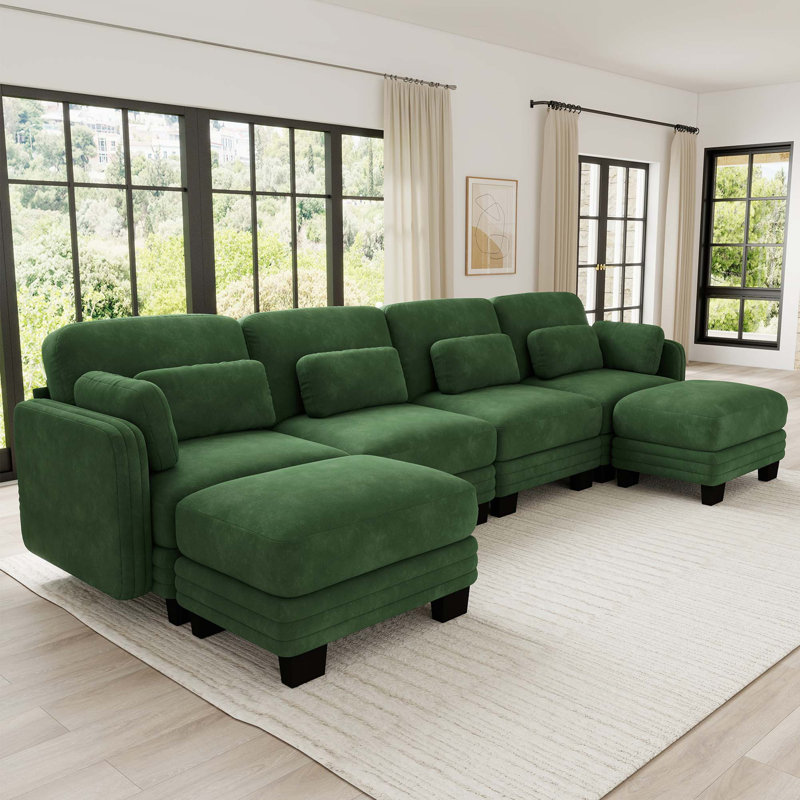 Canapé d'angle modulaire rembourré avec dossier ajustable, Green Chenille, 35" H x 130" W x 56.3" D
