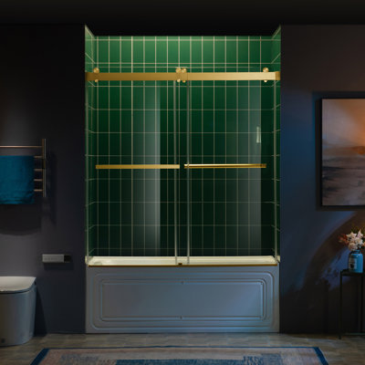 Porte de douche double coulissante 56-60X62 "avec verre trempé amélioré 3/8" | Quincaillerie en acier inoxydable | Sécuritaire, résistant à l'explosion, transparent et élégant, robuste et durable