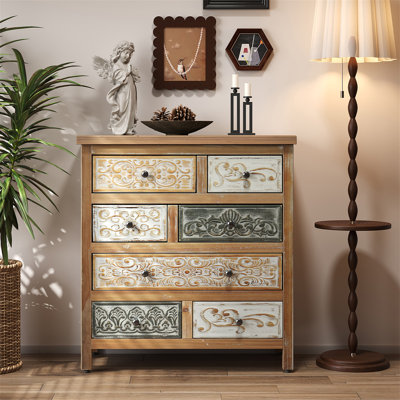 Vintage Wooden Accent Chest With 6 Drawers, Rustic Multicolor Carved Storage Dresser For Bedroom, Living Room, Farmhouse Style Decor (25.59" L X 12.6" W X 33.07" H)