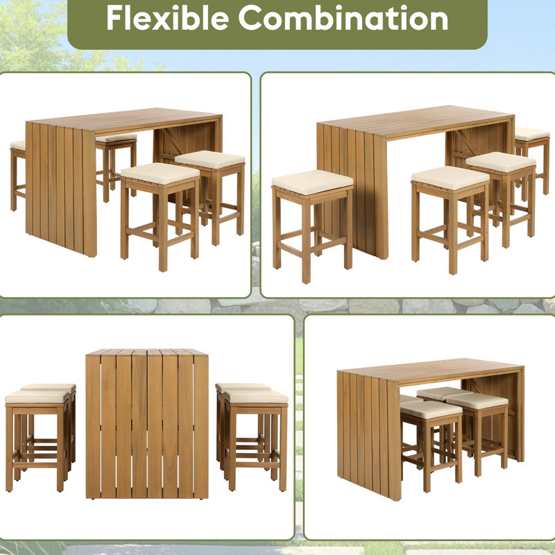 Bar extérieur 5 pièces avec table en bois et quatre tabourets beiges coussins amovibles, pour les rassemblements de jardin, facile d'entretien