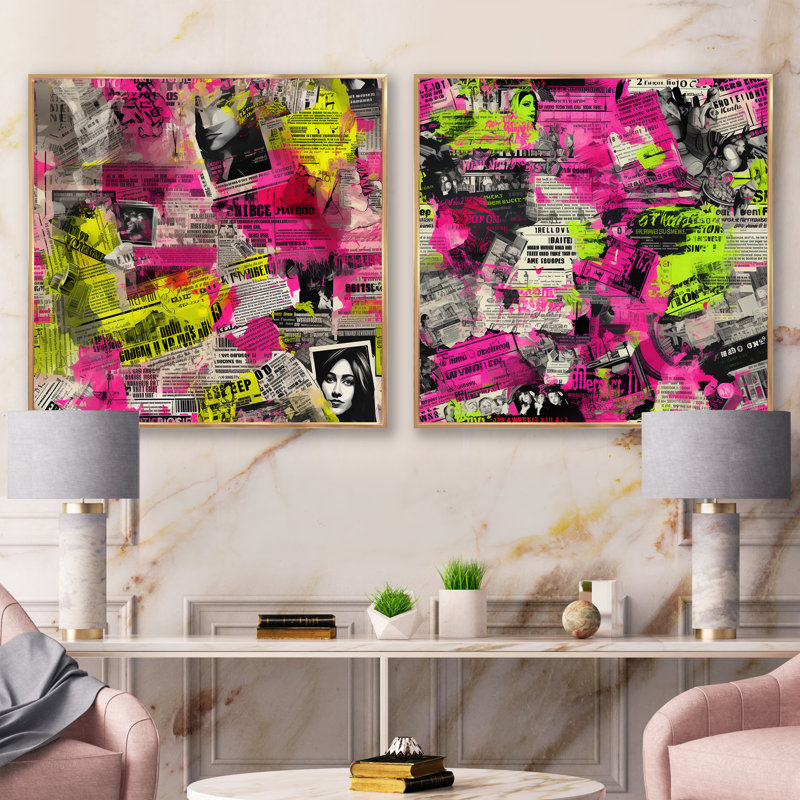 Popart rose néon collage de journal - abstrait carré collage ensemble de 2, Cadre flottant doré, H 30 po x l 61 po