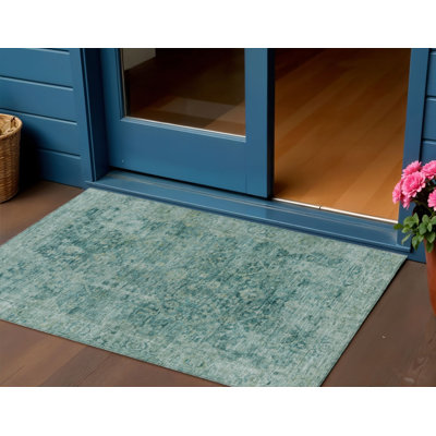 Tapis intérieur/extérieur lavable, abstrait, bleu sarcelle et vert olive, 90 x 150 cm
