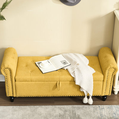 Banc rembourré pour chambre à coucher et salon. . Bouton. Capacité de 275 lb. Matériau en lin. Décoration de rivets. Traction. Tissu. Conception.