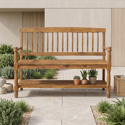 Acacia Wood Entryway Bench with Built-In Storage Shelf, Hand-Carved Details and Comfortable Armrests