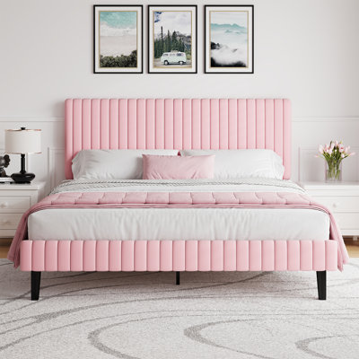 Velvet Upholstered Platform Bed Headboard and footboard with soft-padded vertical channel quilting