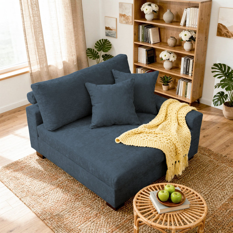 Fauteuil rembourré en chenille bleue avec dossier rembourré, module de fauteuil simple à un accoudoir pour canapé modulaire