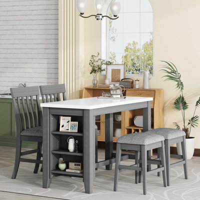 Ensemble de table de salle à manger 5 pièces à hauteur de comptoir avec tablettes de rangement intégrées