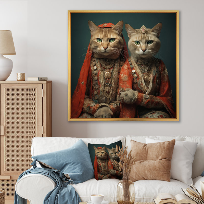 Chats à la mode rétro sur toile, H 24 po x l 24 po x P 1 po, Cadre flottant doré