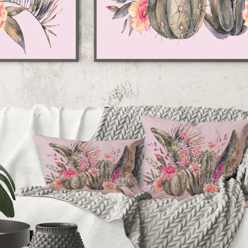 Cactus en fleurs avec fleurs roses - Coussin décoratif imprimé tropical 1