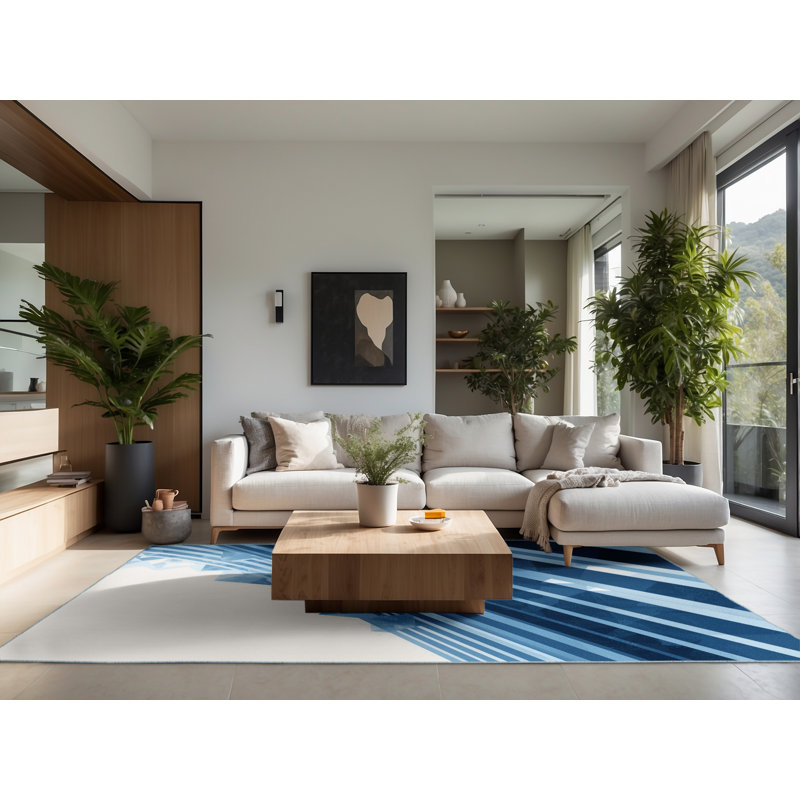 Soft Plush Easterly Contemporary Ombre Area Rug in Blue – SkyBlue Binding, 4' Square