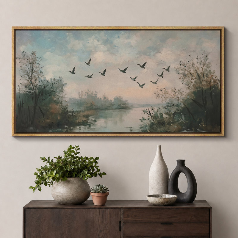 Oie sauvage volant au-dessus de la rivière, paysage rustique, photos murales, impression numérique sur toile giclée sur toile