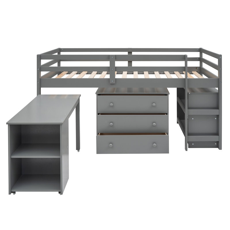 Structure de lit Loft avec bureau portable roulant, Gris
