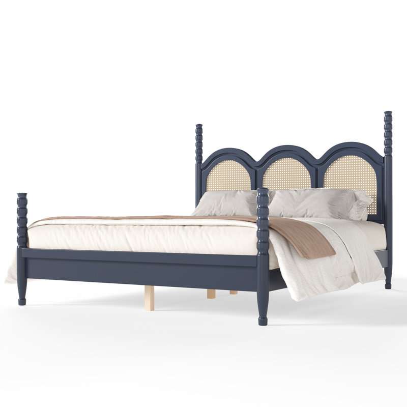 Lit plateforme Queen avec tête de lit arquée tissée, cadre de lit à baldaquin en bois, tête de lit incurvée, bleu, Blue