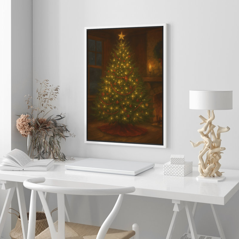 «Glowing Christmas Tree in Cozy Room Warm Holiday Decor», reproduction d'art encadrée sur toile de la chambre principale