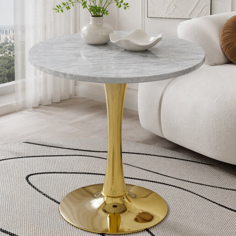 Round Gold Base Light Gray Marble Table, Golden