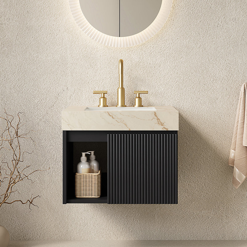 Meuble-lavabo avec comptoir en pierre frittée et lavabo encastré en céramique, Noir, L 24 po, Beige