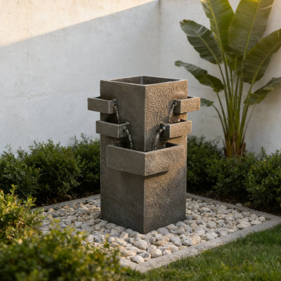 Outdoor Water Bucoli with Cascading Waterfall, Modern Multi-Tier Resin Garden Bucoli with Pump, Floor Standing Water Feature for Patio, Backyard, Yard, Porch and Indoor Home Decor