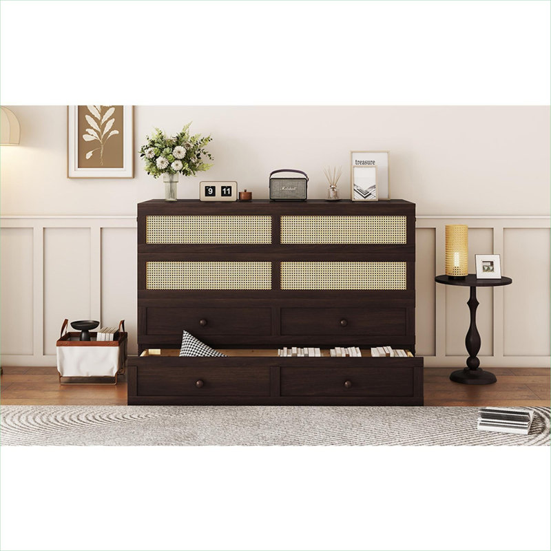Armoire lit escamotable grand style d'inspiration bohème pour petit espace en rotin massif avec tiroir de rangement, ton brun
