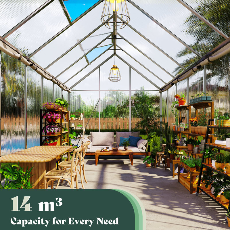 Walk-In Polycarbonate Greenhouse for Outdoors, Heavy-Duty Aluminum Frame with 2 Roof Vents and Swing Door, 181 x 423 x 195 cm