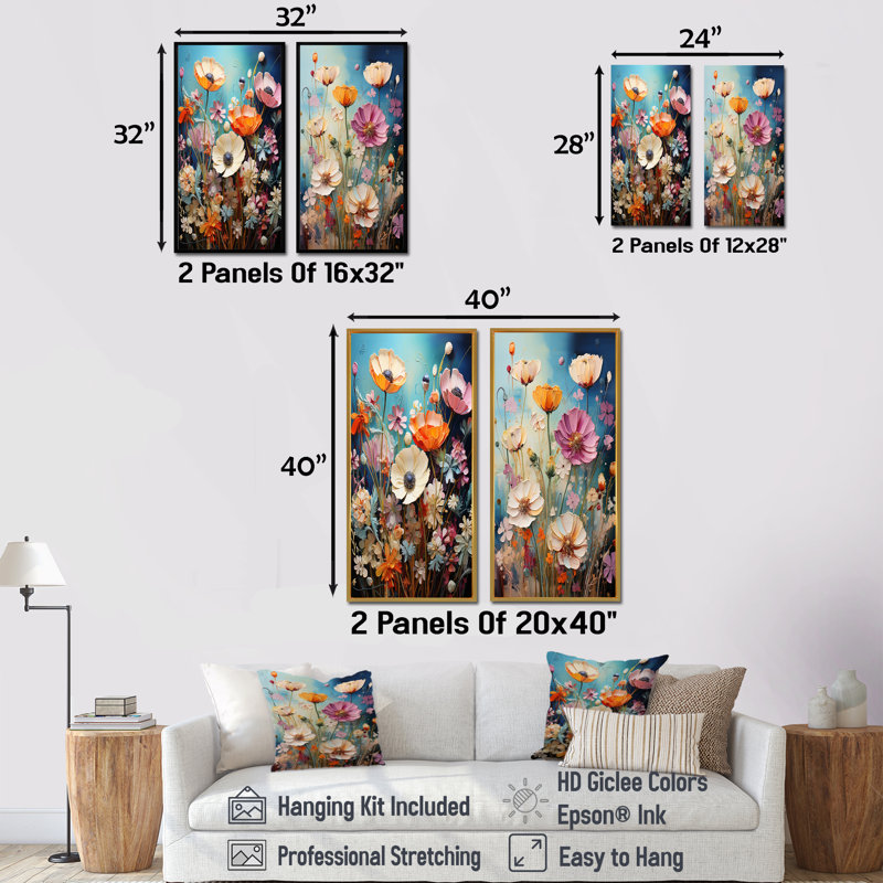 «Whimsical Meadows Flowers Collage», ensemble de 2 reproductions d'art sur toile florales, Toile tendue, H 28 po x l 25 po