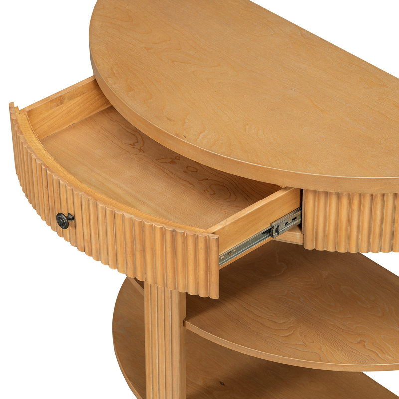 Console cannelée demi-lune avec tiroir et 2 tablettes pour le hall d'entrée, le salon et le couloir, Naturel, Naturel