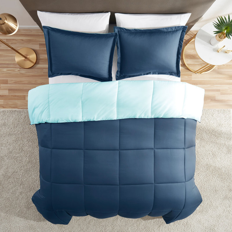 All Season Down Alternative Reversible Comforter Set, Navy/Aqua, King Comforter + 2 King Shams