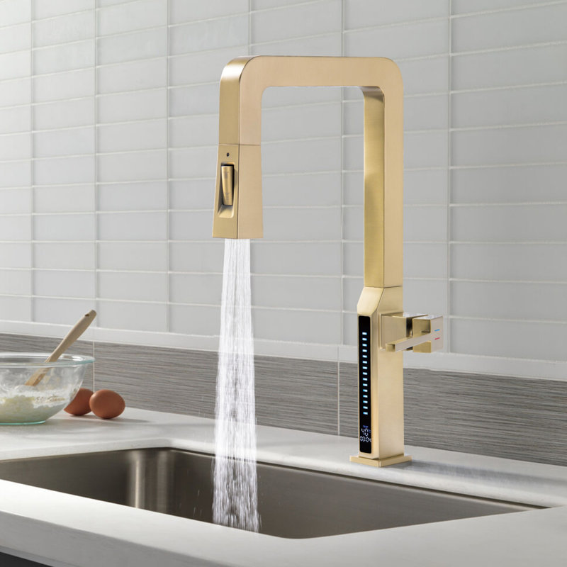 Digital Display Pull-Out Kitchen Faucet, Brushed Gold